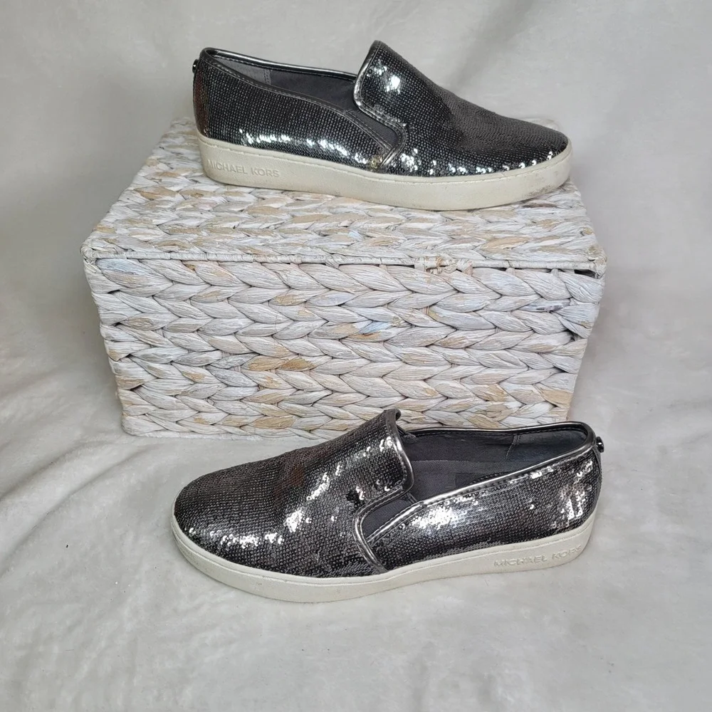 MK Silver Sequin Y3K Shimmer Metallic Slip On Sneakers Skater Preppy 6M Party